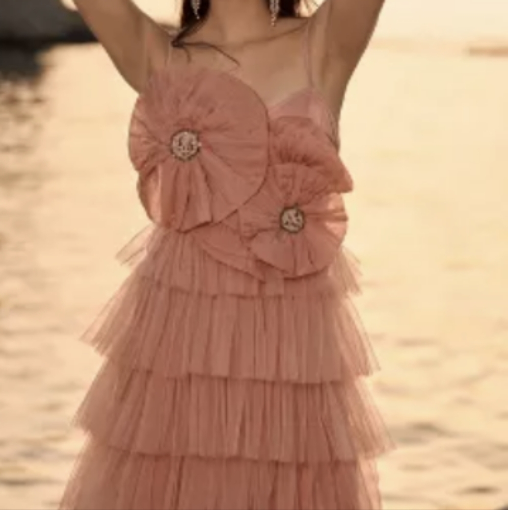 Kavita Bhartia Rosette Tiered Tulle Gown Dusty Pink